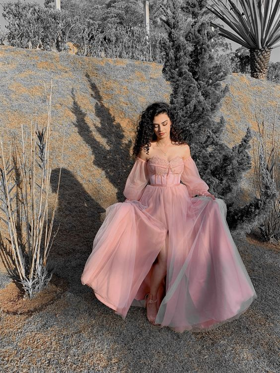 Pink A-Line Off Shoulder Tulle Long Prom Dress Formal Party Dress,DP587