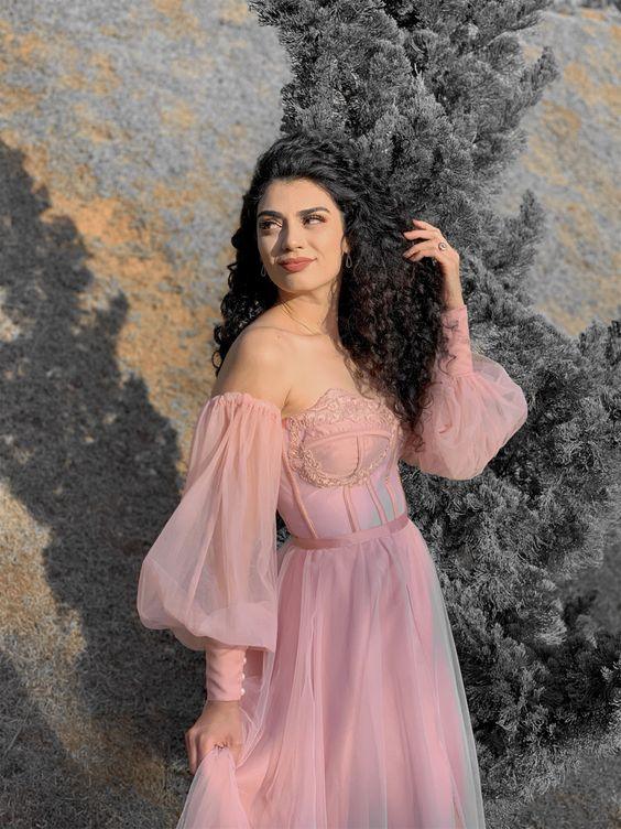 Pink A-Line Off Shoulder Tulle Long Prom Dress Formal Party Dress,DP587