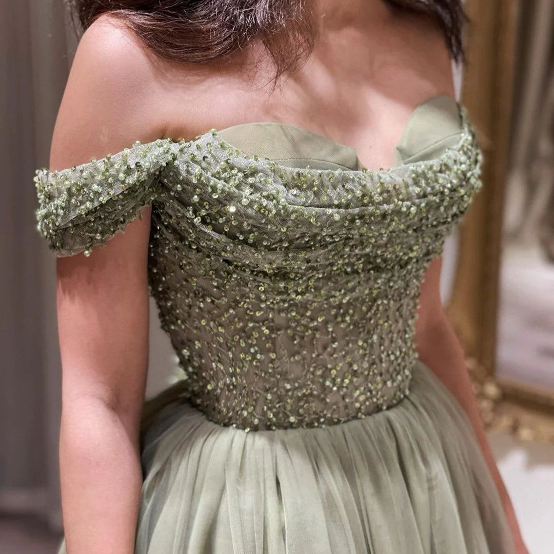 Salbeigrünes A-Linien-Ballkleid mit Pailletten, Spitze, Tüll, Abendkleid, formelle Party, DP590