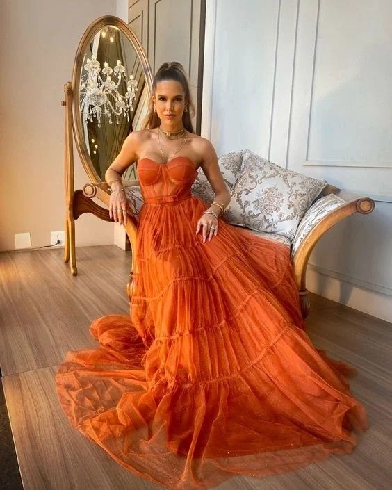 Orange Glitzer Herzausschnitt Trägerlos Tüll A-Linie Ballkleid Abendkleid Formale Party,DP591