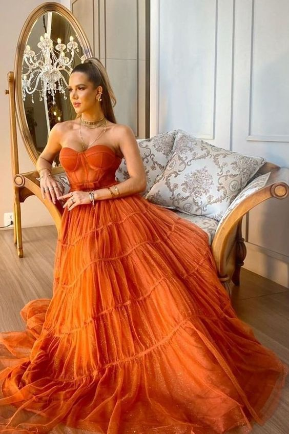 Orange Glitzer Herzausschnitt Trägerlos Tüll A-Linie Ballkleid Abendkleid Formale Party,DP591