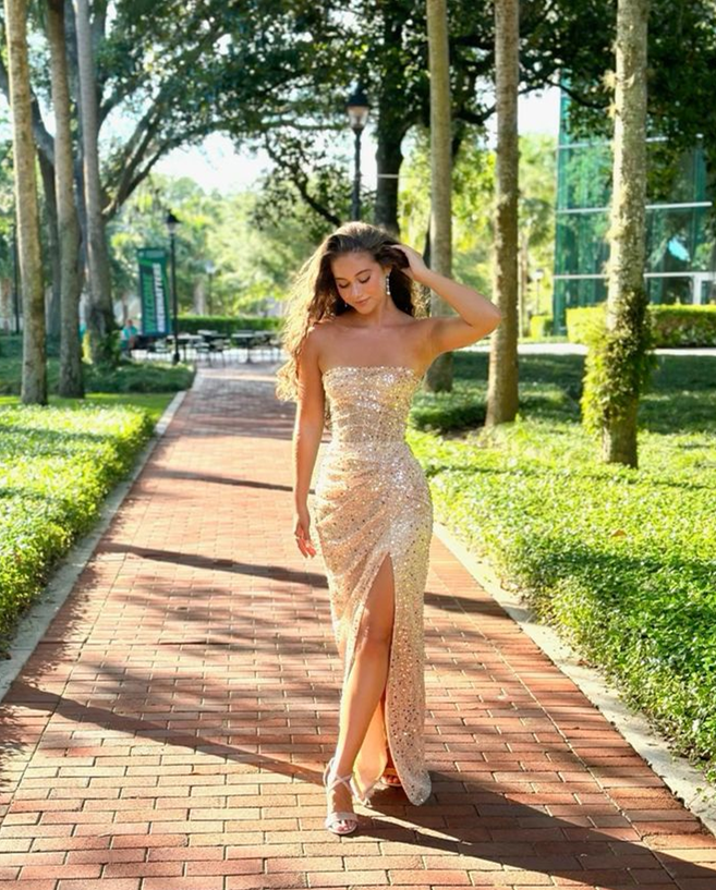 Robe de bal longue bustier à paillettes champagne avec fente, robe de soirée formelle, DP598