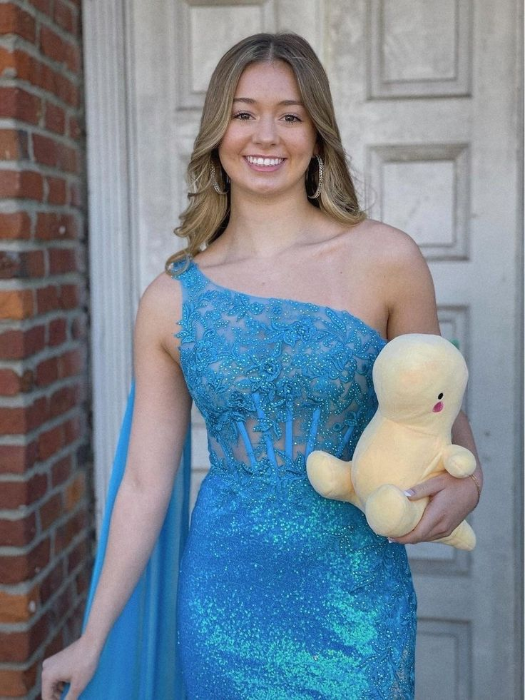 Robe de bal longue sirène bleue élégante à une épaule, DP600