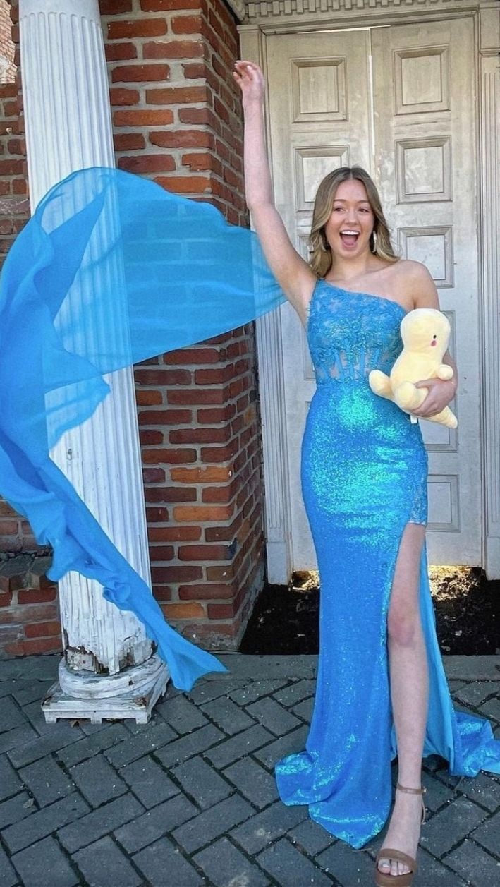 Robe de bal longue sirène bleue élégante à une épaule, DP600