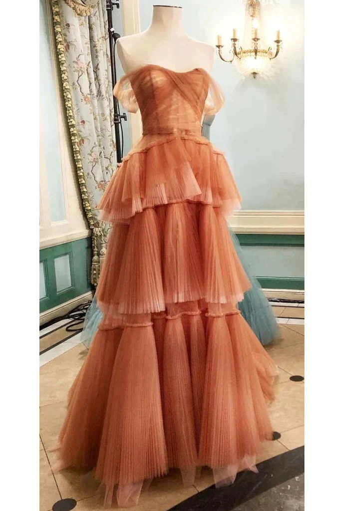 Robe de bal longue en tulle à épaules dénudées et à volants, coupe trapèze, DP607