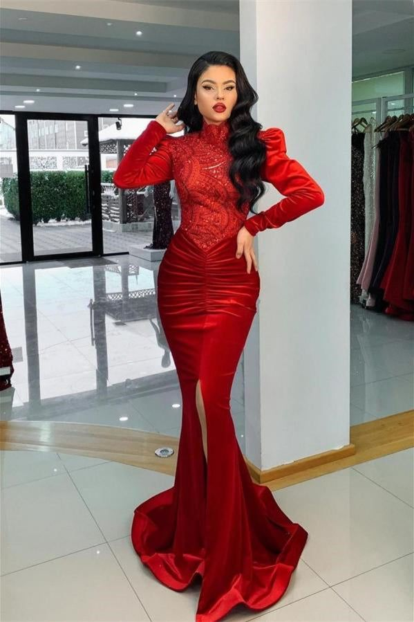 Atemberaubendes rotes Samt-Meerjungfrauen-Ballkleid mit hohem Halsausschnitt und langen Ärmeln, DP610