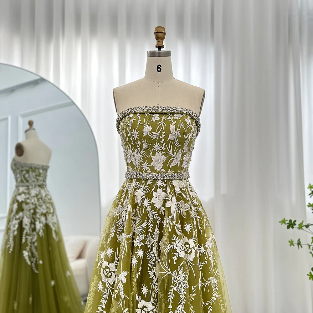 Olive Green Elegant Strapless Evening Dress Formal Prom Gowns with Beading,DP616