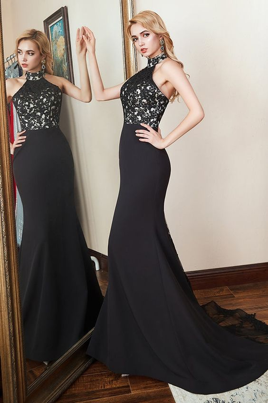 High-Neck Mermaid Long Prom Dress with Black Appliques,DP618