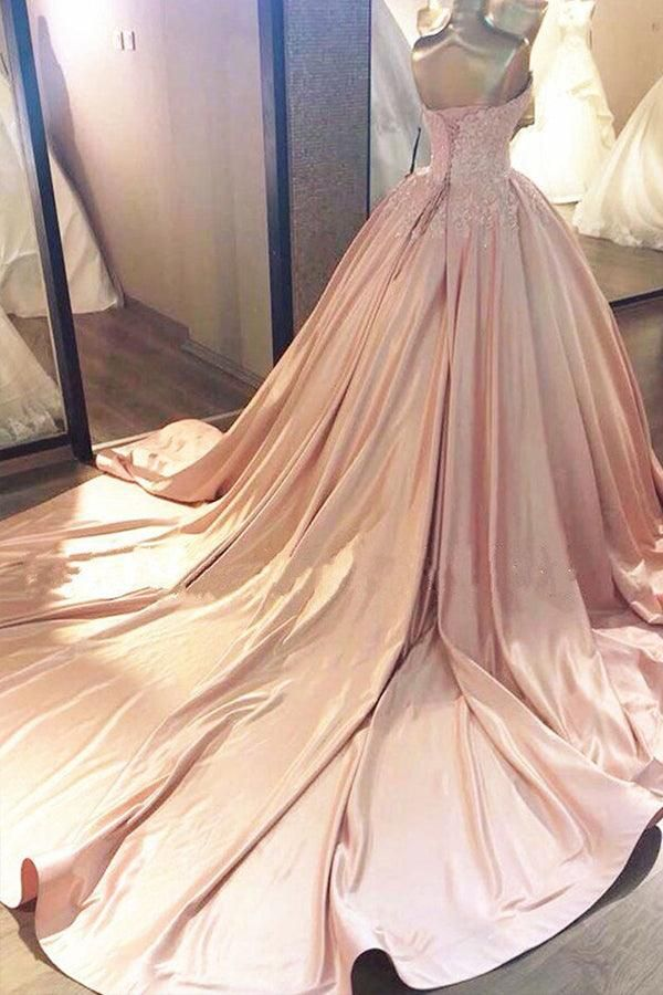Pink Sweetheart Lace Prom Dress Formal Ball Gown With Court Train,DP625
