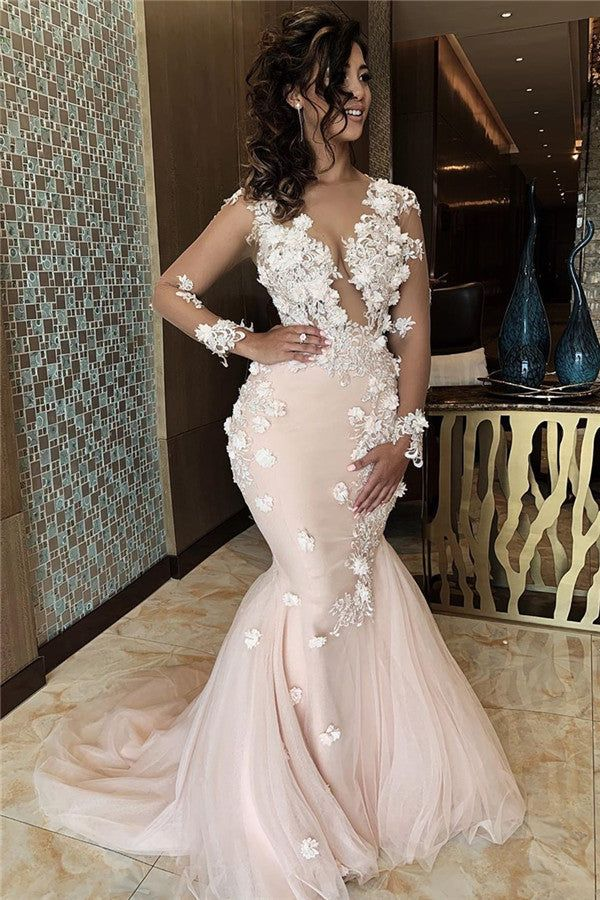 Meerjungfrau-Spitze-Ballkleid mit Applikationen und V-Ausschnitt, DP644