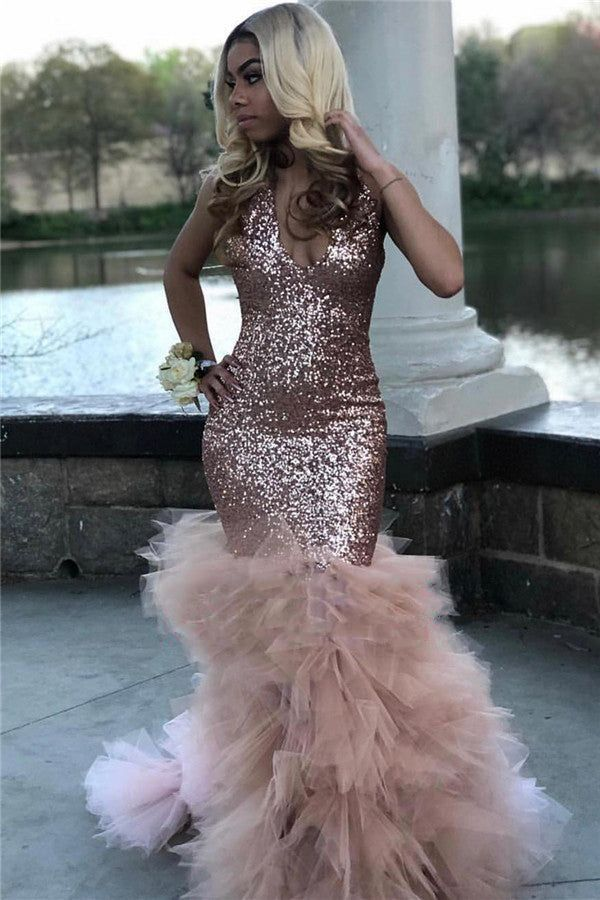 Glitter Charming African Mermaid Sequins Tulle Long Prom Dresses,DP645