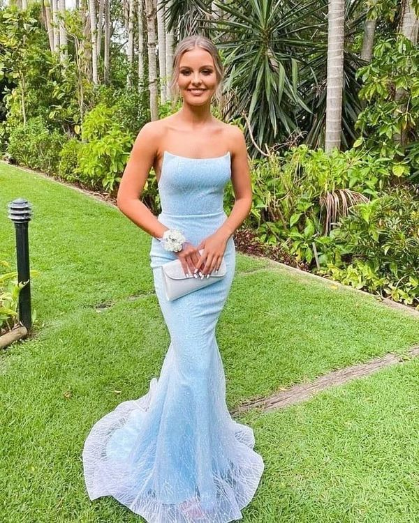 Charmantes himmelblaues Meerjungfrau-Abschlussballkleid, trägerlos, langes Abendkleid, DP646