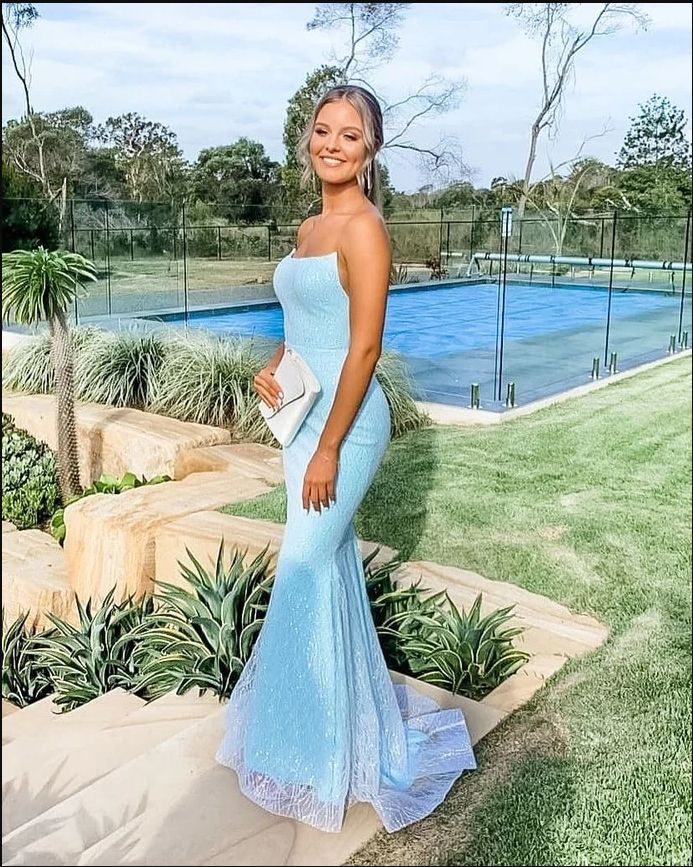 Charmantes himmelblaues Meerjungfrau-Abschlussballkleid, trägerlos, langes Abendkleid, DP646