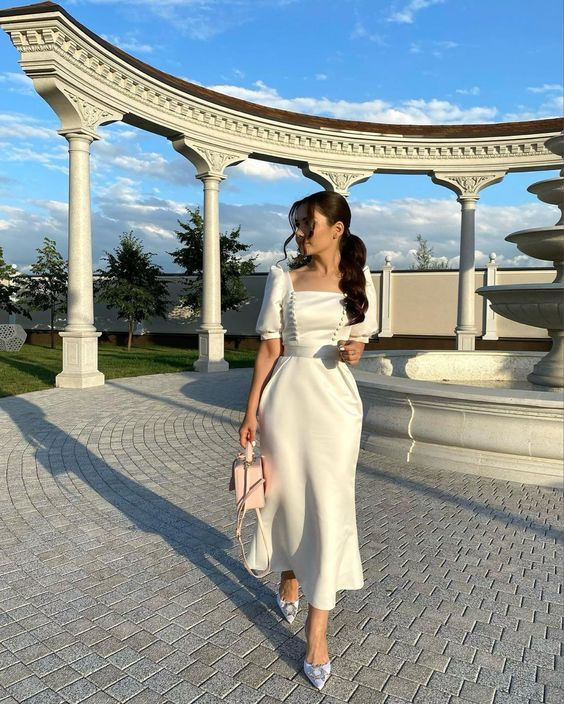 Ivory Tea Length Evening Dresses Formal Dress with Half Sleeve,DP671