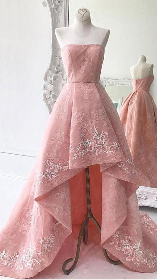 Robe de bal asymétrique longue en dentelle, sans bretelles, avec appliques, DP702