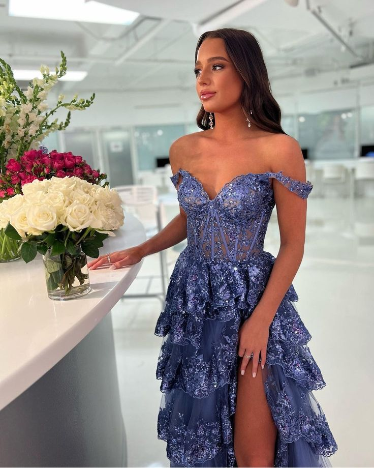 Off Shoulder Elegant Tulle Layered Sequins Long Prom Dress with Slit,DP705