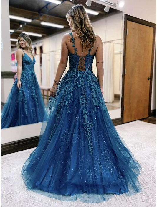 Ball Gown A-Line Prom Dresses Sleeveless Tulle Shiny Dress Formal Floor Length with Appliques,DP706