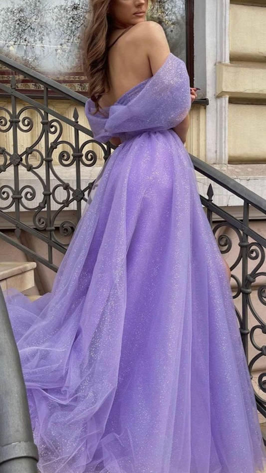 Purple A-Line Strapless Tulle Long Prom Dress Evening Party Dress,DP711