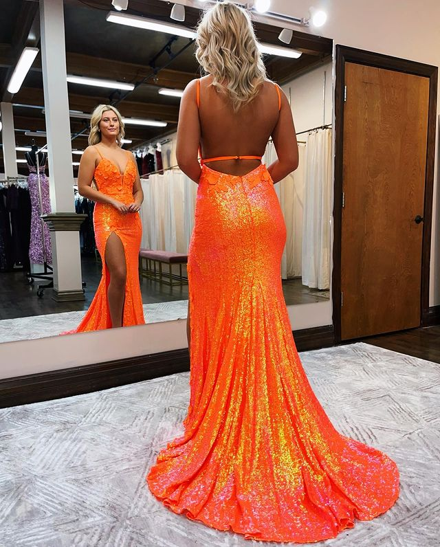 Robe de bal sirène orange scintillante à paillettes et col en V avec appliques, DP723