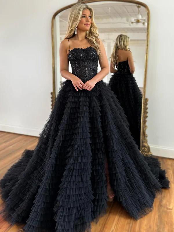 Robe de bal longue noire trapèze à bretelles spaghetti et paillettes étagées en tulle, DP731