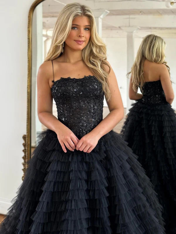 Robe de bal longue noire trapèze à bretelles spaghetti et paillettes étagées en tulle, DP731
