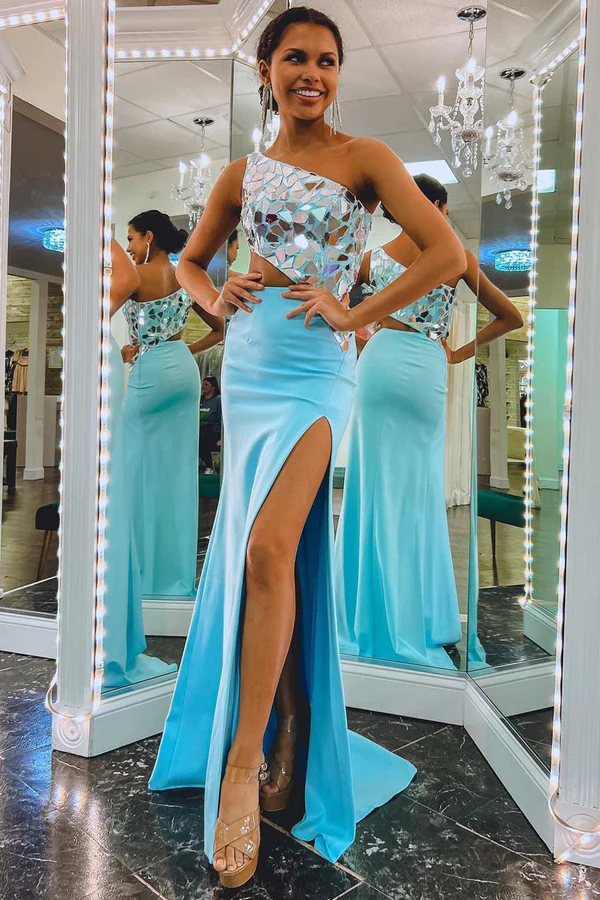 Robe de bal fourreau bleu roi asymétrique à paillettes effet miroir, DP732
