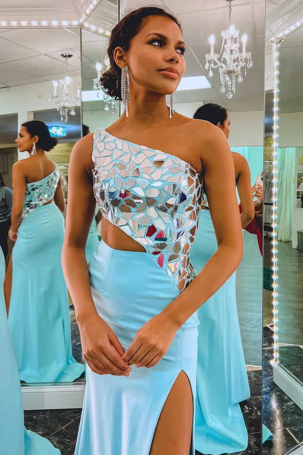 Robe de bal fourreau bleu roi asymétrique à paillettes effet miroir, DP732