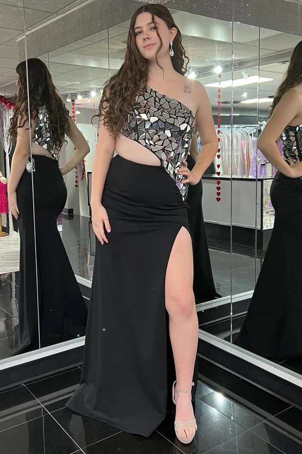 Robe de bal fourreau bleu roi asymétrique à paillettes effet miroir, DP732