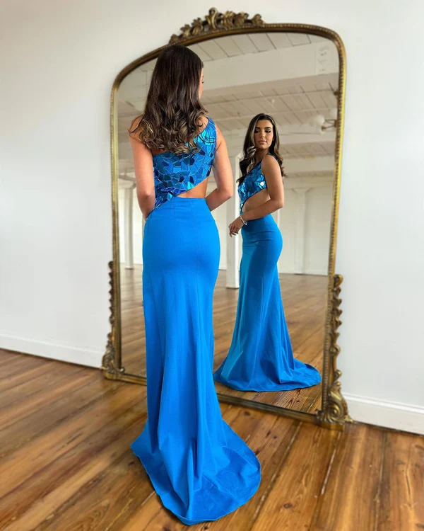Robe de bal fourreau bleu roi asymétrique à paillettes effet miroir, DP732
