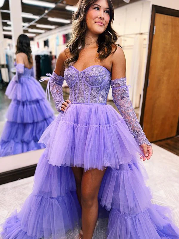 Robe de bal asymétrique violette en tulle à volants et à volants, DP735