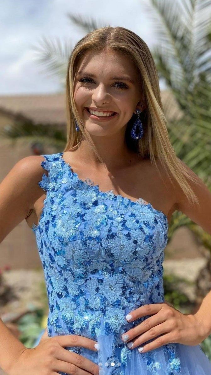 Robe de bal longue en tulle à paillettes et une épaule bleue, robe de soirée bleue, DP740