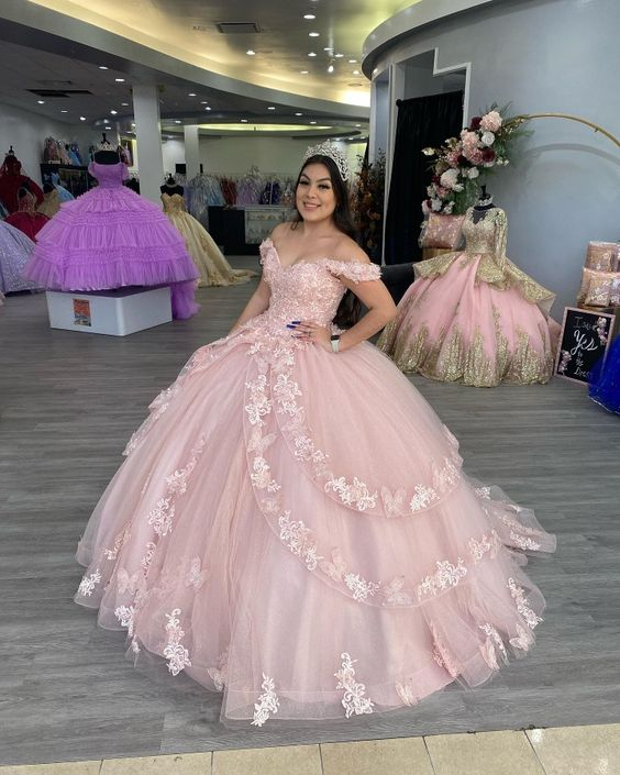 Charmante robe de bal rose à épaules dénudées et appliques en tulle, robes de Quinceanera, DP752