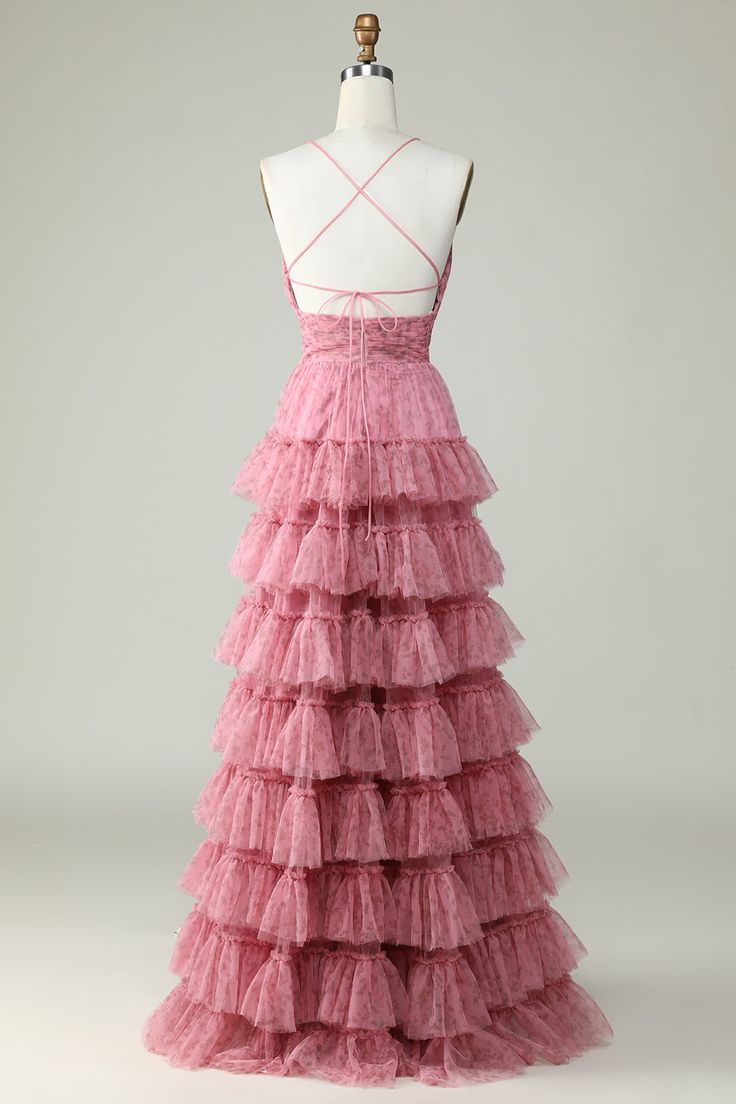 A-Line Spaghetti Straps Layered Tulle Prom Dress with Floral Printed,DP760