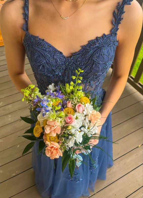 A-Linie Tüll Applikationen Spaghettiträger Langes Ballkleid mit Schlitz, DP769