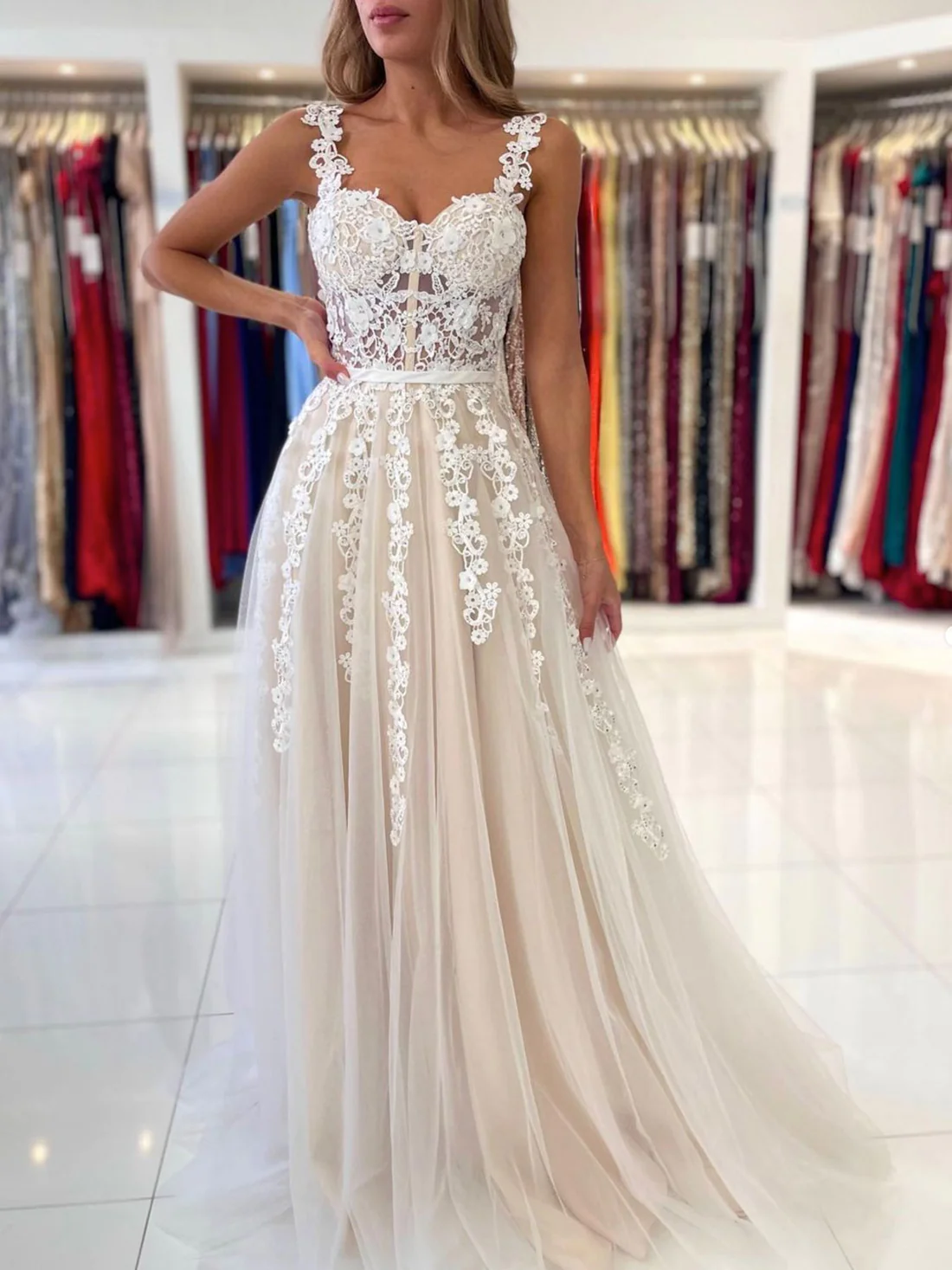 Light Ivory A-Line Lace Long Prom Dress Formal Evening Dress,DP800