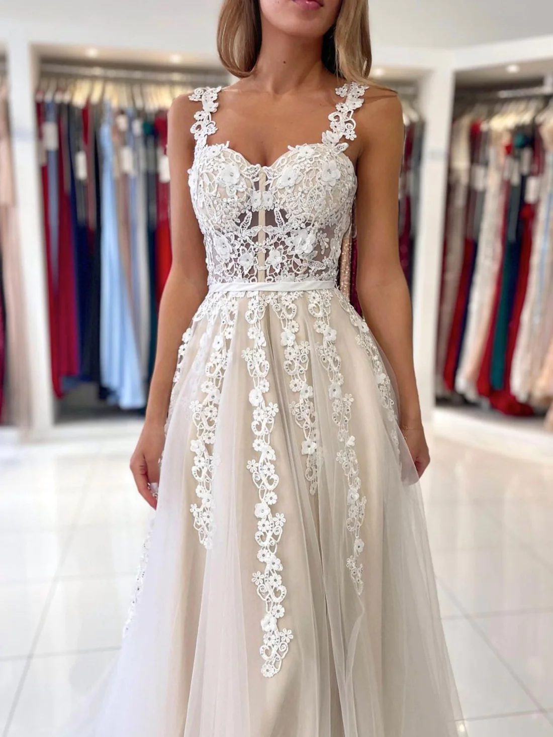 Light Ivory A-Line Lace Long Prom Dress Formal Evening Dress,DP800