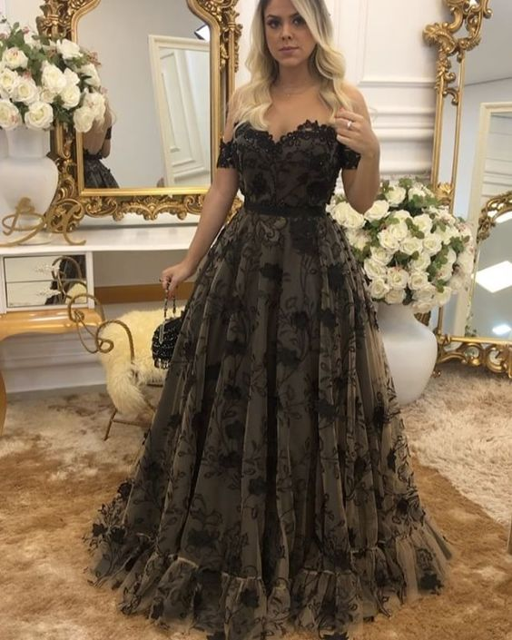 Off Shouler Black Lace Long Prom Dress with Appliques Formal Evening Party Dress,DP810