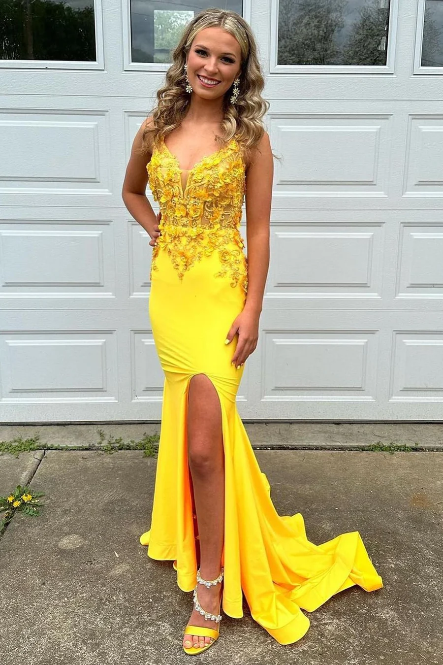 Light Blue 3D Floral Lace V-Neck Backless Mermaid Prom Dress,DP829