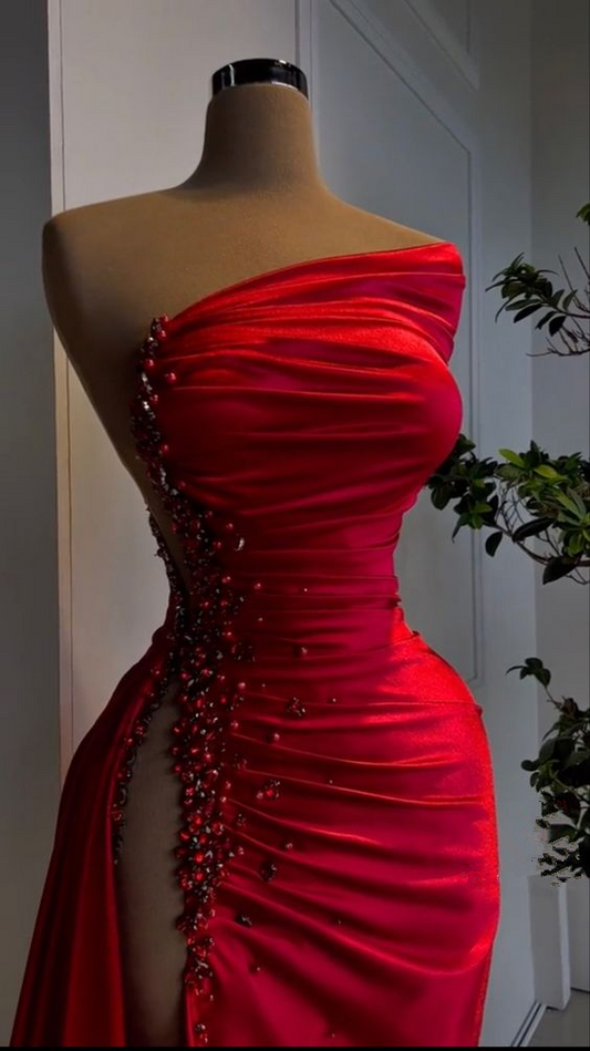 Sexy Red Beaded Satin Long Prom Dress with High Slit Evening Party Dress, DP835