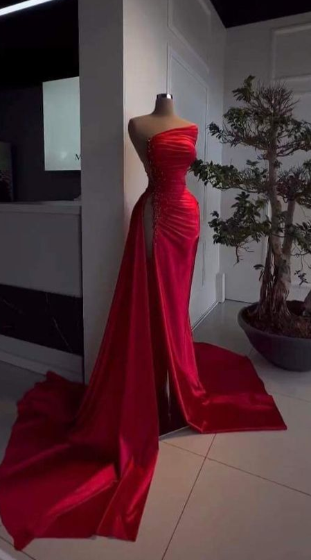 Sexy Red Beaded Satin Long Prom Dress with High Slit Evening Party Dress, DP835