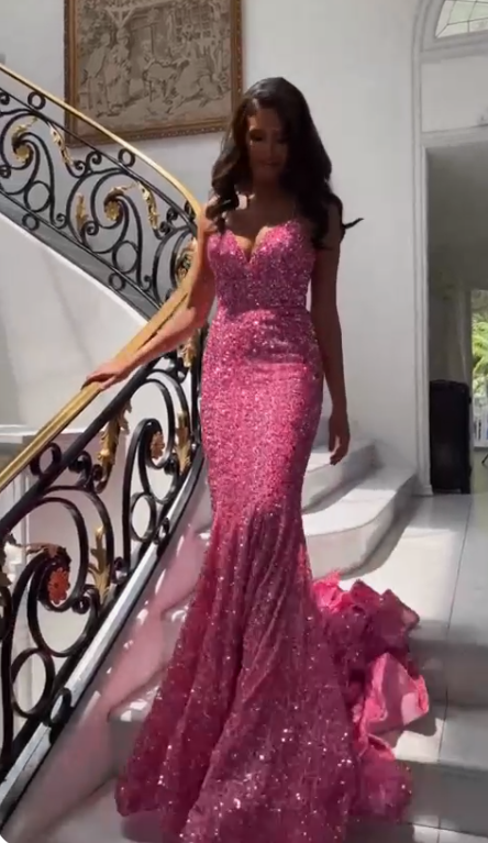 Hot Pink V Neck Sequins Mermaid Long Prom Dresses,DP838