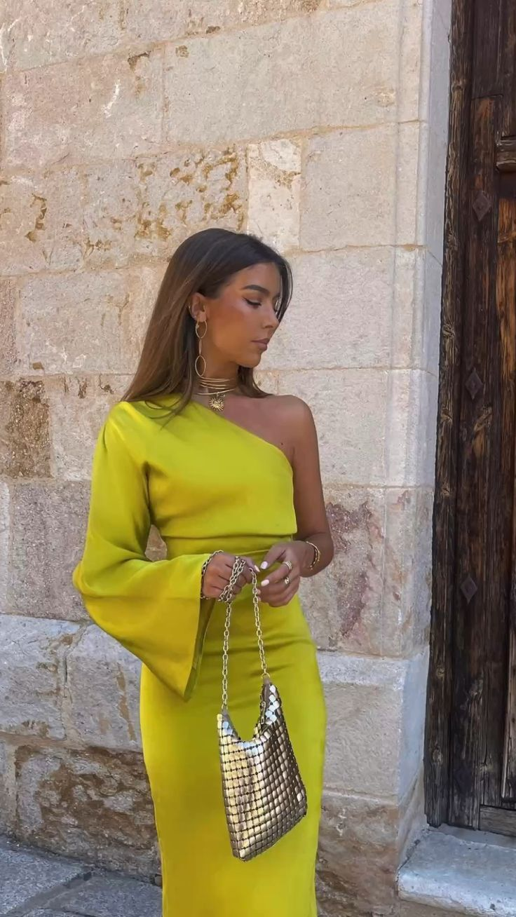 Robe de soirée asymétrique jaune-vert avec fente, DP855