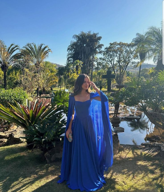 Robe de bal longue trapèze bleue simple avec cape, DP857