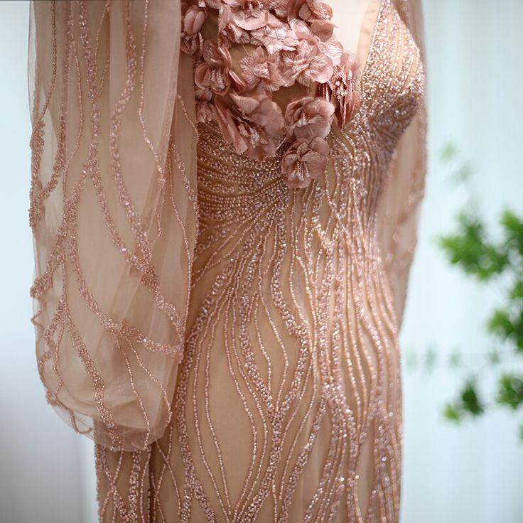 Robe de soirée luxueuse en or rose, élégante, manches longues, DP864