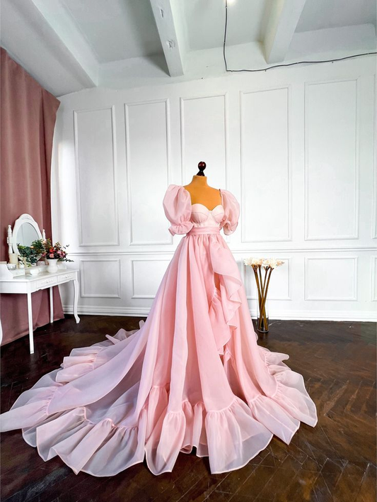 Vintage Pink A-Line Organza Puff Sleeves Long Prom Dress Engagement Dress Evening Dress DP877