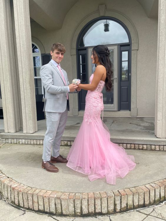 Pink Strapless Tulle Appliques Mermaid Long Prom Dress,DP916