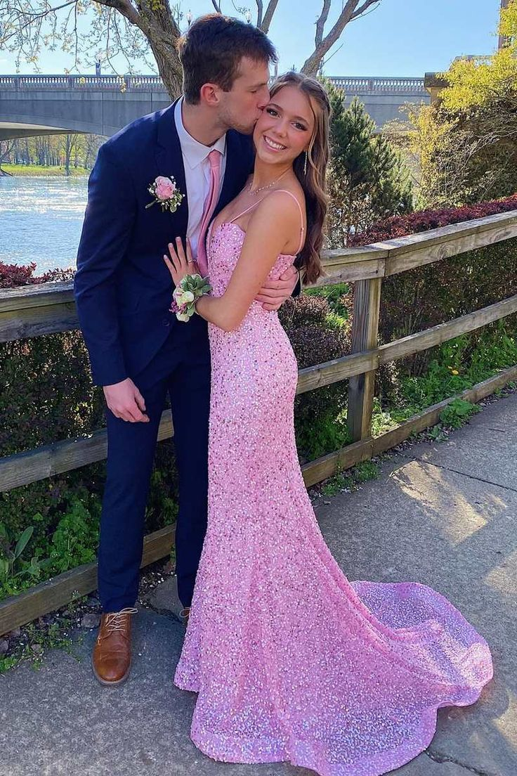Robe de bal longue sirène rose à bretelles pailletées, DP917