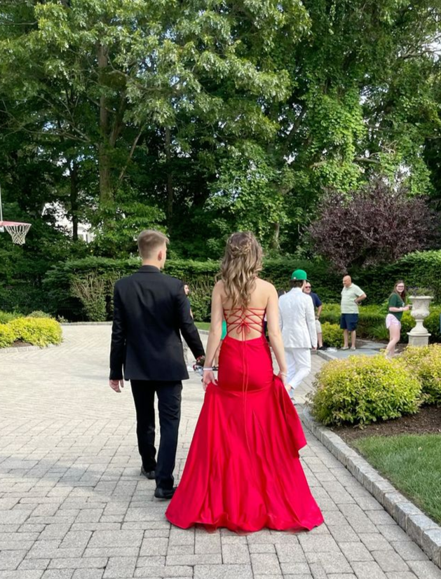 Rotes Satin Meerjungfrau Langes Ballkleid mit Schlitz,DP921