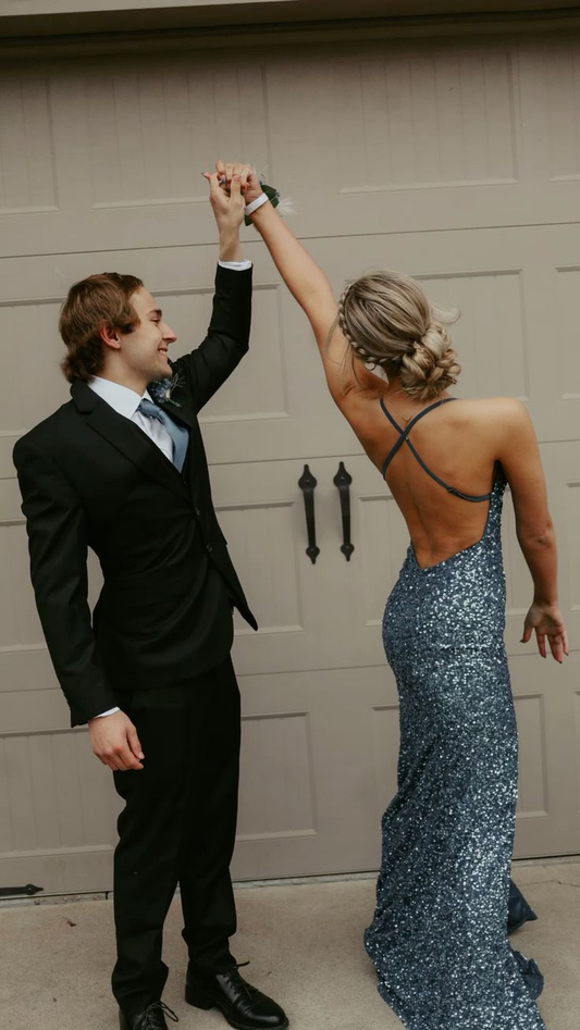 Robe de bal longue fendue à paillettes argentées, dos nu, DP922