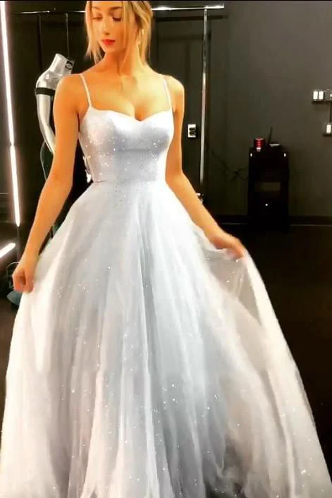 Robe de bal longue en tulle brillant à bretelles trapèze, DP925